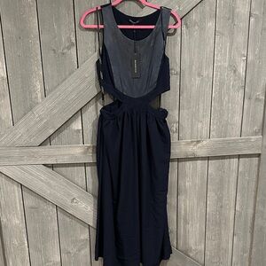 Elegant Navy Blue Cutout Dress genuine leather insert